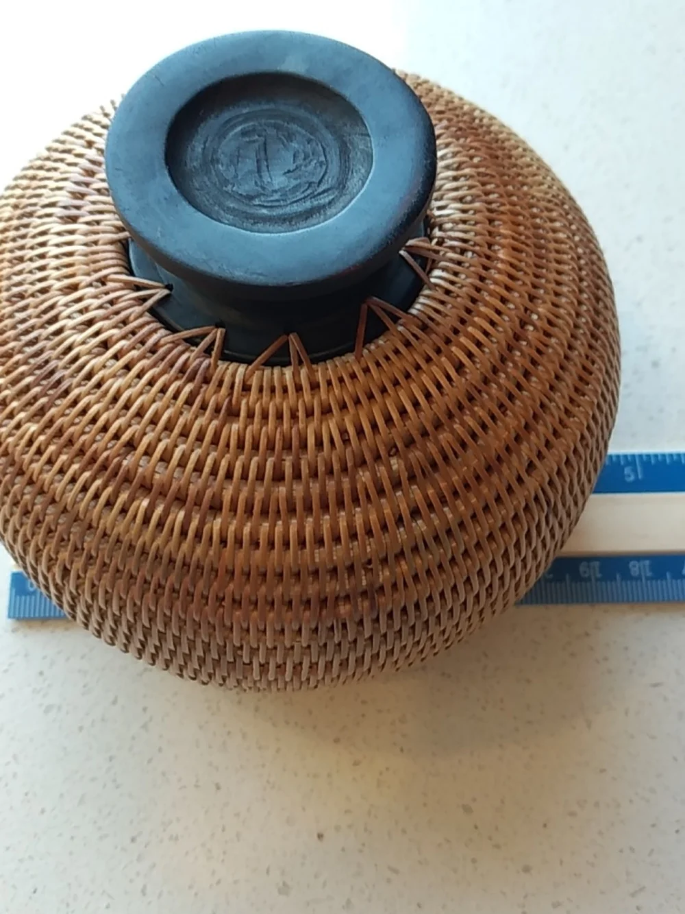 Fine Weaved Wicker Basket With Lid-Carved Wood Lizzard Handle, From Jakarta-Boho
